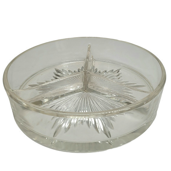 Starburst Round Three Section Divided Fruit Nut Vintage Glass Serving Bowl - Picture 1 of 7